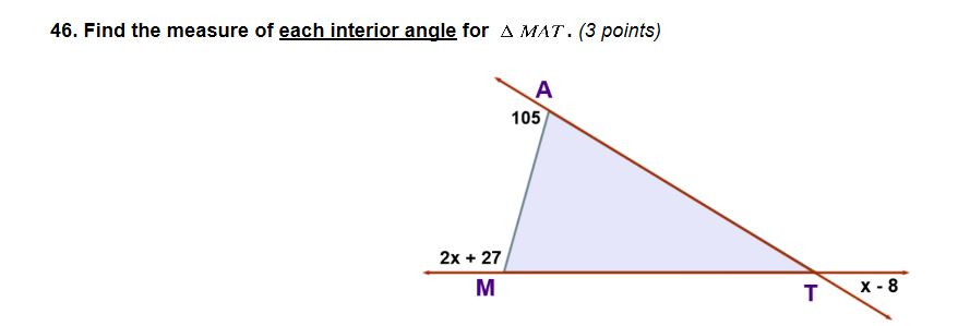 46 find the measure of each interior angle for
