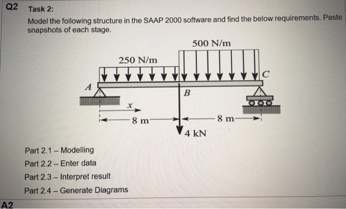 Q2 Task 2: Model the following structure in the SAAP 2000 software and find the below requirements. Paste snapshots of each s