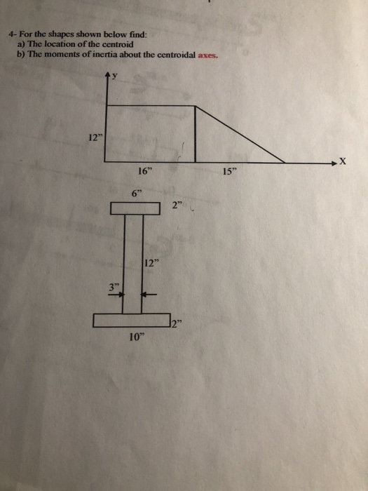 4- For the shapes shown below find: a) The location of the centroid b) The moments of inertia about the centroidal axes. 12 16 15 6 2 12 10