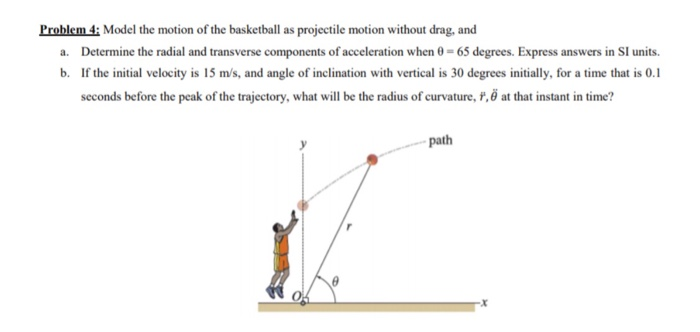 Problem 4: Model the motion of the basketball as projectile motion without drag, and a. Determine the radial and transverse components of acceleration when θ-65 degrees. Express answers in SI units. b. If the initial velocity is 15 m/s, and angle of inclination with vertical is 30 degrees initially, for a time that is 0.1 seconds before the peak of the trajectory, what will be the radius of curvature, P,6 at that instant in time? path