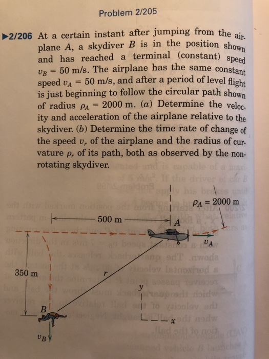 Problem 2/205 the air 2/206 At a certain instant after jumping from the plane A, a skydiver B is in the posion and has reached a terminal (constant) Un = 50 m/s. The airplane has the same constant speed vA 50 m/s, and after a period of level light is just beginning to follow the circular path shown of radius PA 2000 m. (a) Determine the veloc- ity and acceleration of the airplane relative to the skydiver. (b) Determine the time rate of change of the speed v, of the airplane and the radius of cur- vature p, of its path, both as observed by the non- rotating skydiver. speed Pa = 2000 m 500 m I A UA 350 m