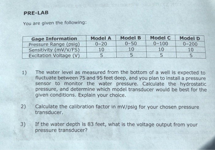 PRE-LAB You are given the following: Gage Information Model Pressure Range (psig) Sensitivity (mV/V/FS) A Model B Model C Mod