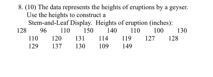 8. (10) The data represents the heights of eruptions by a geyser. Use the heights to construct a Stem-and-Leaf Display. Heights of eruption (inches): 128 96110 150 140110 100130 110 120 13 114 19 127128 129 137 130 109 149