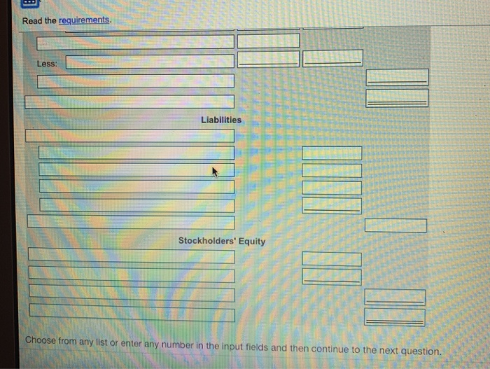 Read the requirements. Less: Liabilities Stockholders Equity Choose from anvy list or enter any number in the input fields and then continue to the next question.