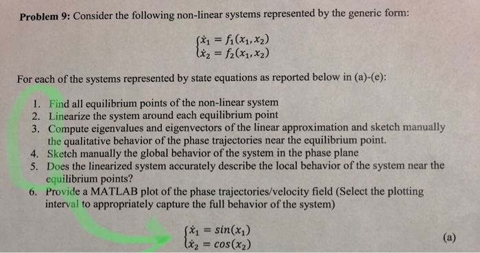 Problem 9: Consider the following non-linear systems represented by the generic form: 1X2 = (x1, x2) For each of the systems represented by state equations as reported below in (a)-(e): 1. Find all equilibrium points of the non-linear system 2. Linearize the system around each equilibrium point 3. Compute eigenvalues and eigenvectors of the linear approximation and sketch manually the qualitative behavior of the phase trajectories near the equilibrium point. 4. Sketch manually the global behavior of the system in the phase plane 5. Does the linearized system accurately describe the local behavior of the system near the equilibrium points? Provide a MATLAB plot of the phase trajectories/velocity field (Select the plotting interval to appropriately capture the full behavior of the system) 6. = sin(x1) cos(x2
