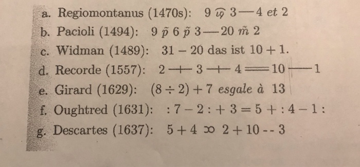 a. Regiomontanus (1470s): 9 p 34 et 2 b. Pacioli (1494): 9 p 6 320 2 c. Widman (1489): 31 - 20 das ist 10 +1. d. Recorde (155