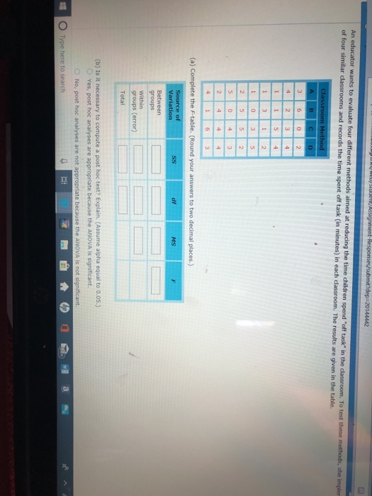 and records the time spent off task (in minutes) in each classroom. The results are given in the table. MS groups groups (error) (b) Is it Yes, post hoc analyses are a