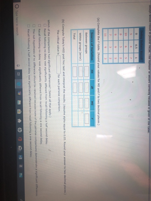 0.5 10 Total (b) C Tukeys HSD post hoc test and interpret the results. (Assume alpha equal to 0.05. Round your answer to two for each pairwise comparison. The null hypothesis of no difference should be retained because none of the pairwise co