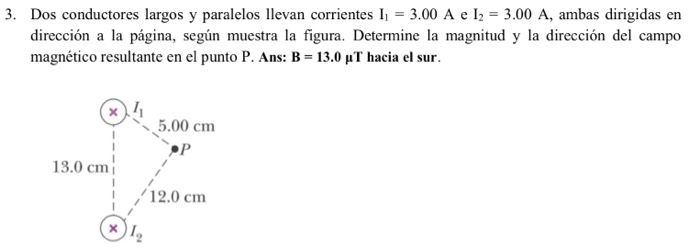 3. Dos conductores largos y paralelos llevan corrientes3.00 A e 123.00 A, ambas dirigidas ern dirección a la página, según mu