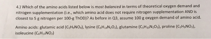 4.) Which of the amino acids listed below is most balanced in terms of theoretical oxygen demand and nitrogen supplementation (i.e., which amino acid does not require nitrogen supplementation AND is closest to 5 g nitrogen per 100-g ThoD)? As before in Q3, assume 100 g oxygen demand of amino acid. Amino acids: glutamic acid (CsH,NOs), lysine (CoH,aN 202), glutamine (CsHJON20s), proline (CsHgNO) isoleucine (CoHIBNO2)