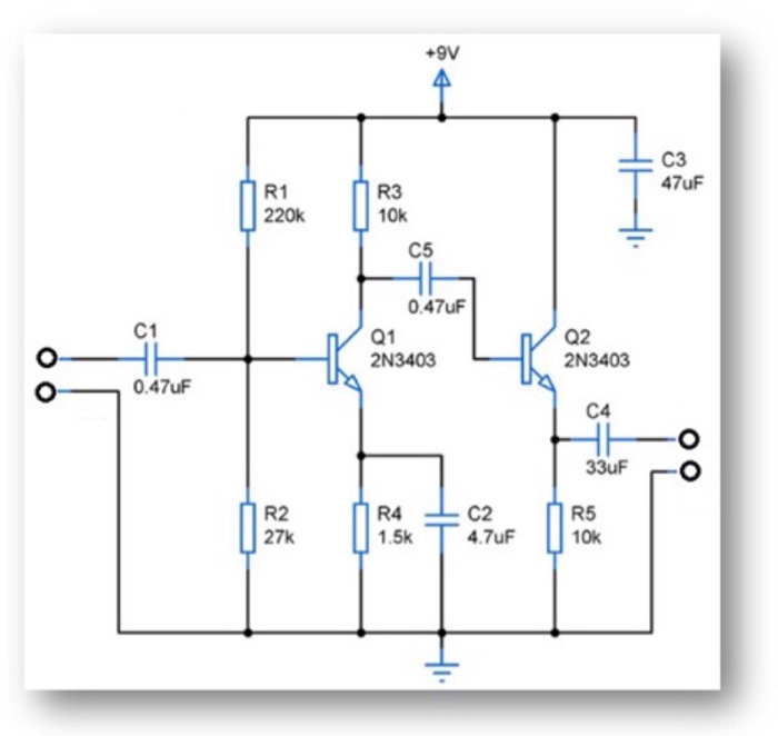 +9V C3 47uF R1 220k R3 10k C5 0.47uF C1 Q1 2N3403 Q2 2N3403 0.47uF C4 33uFO R2 27k R4 1.5k C2 4.7uF R5 10k