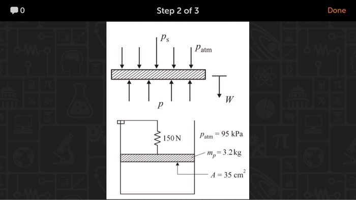 Step 2 of 3 Done Ps Patm 150N atm 95 kPa A = 35 cm.