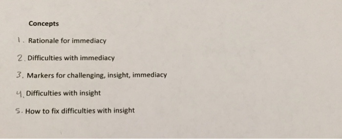 Concepts 1 Rationale for immediacy 2. Difficulties with immediacy 3, Markers for challenging, insight, immediacy , Difficulti