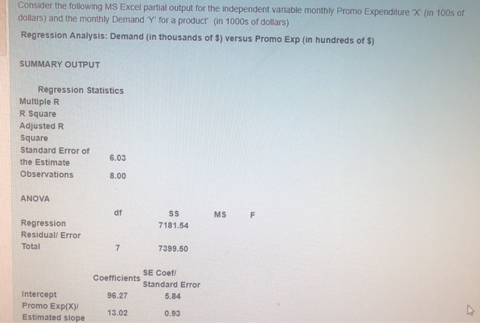 ollowing MS Excel partial output for the independent variable monthly Promo Expenditure X (in 100s of dollars) and the monthly Demand Y for a product (in 1000s of dollars) Regression Analysis: Demand (in thousands of $) versus Promo Exp (in hundreds of $) SUMMARY OUTPUT Regression Statistics Multiple R R Square Adjusted R Square Standard Error of the Estimate Observations 8.00 ANOVA df MS F 7181.54 Regression Residual/ Error Total 7399.50 SE Coef coefficients standard Error 96.27 5.84 Intercept Promo Exp(x) Estimated slope 13.02 0.93