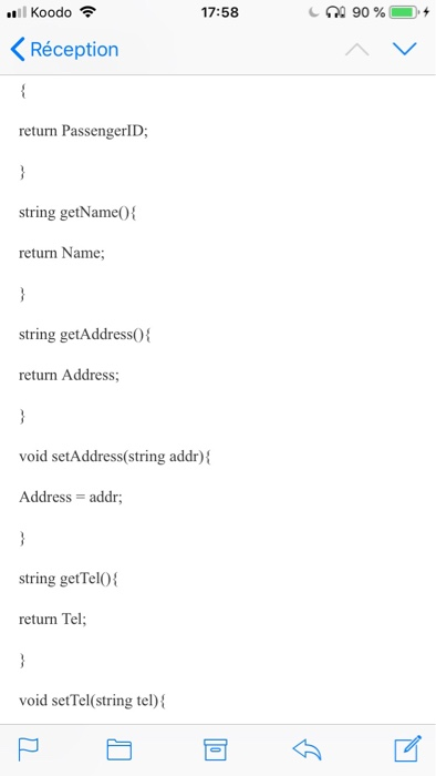 .. 11 Koodo令 17:58 Réception return PassengerID; string getName0 return Name string getAddressOf return Address; void setAddress(string addr) Address = addr; string getTeloi return Tel; void setTel(string tel)