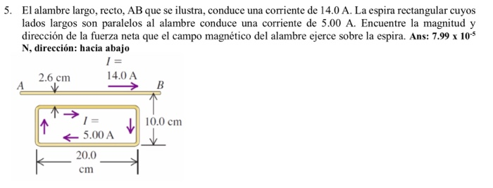5. El alambre largo, recto, AB que se ilustra, conduce una corriente de 14.0 A. La espira rectangular cuyos lados largos son