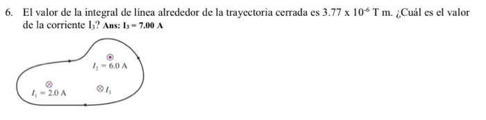 El valor de la integral de línea alrededor de la trayectoria cerrada es 3.77 x 10-6 T m. ¿Cuál es el valor de la corriente I?