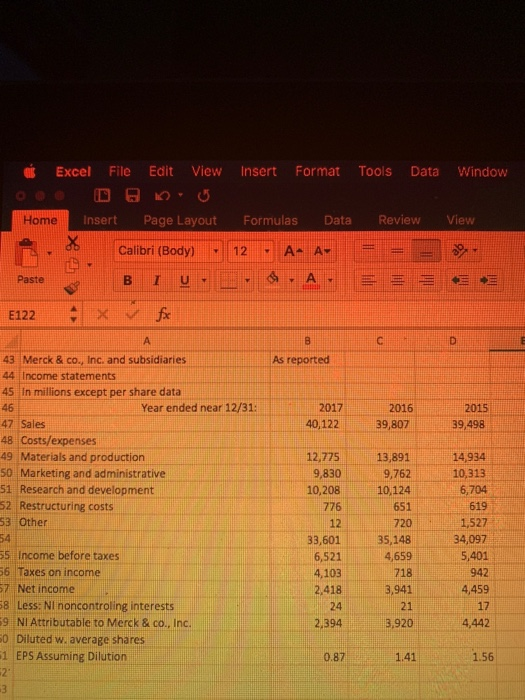 Excel File Edit View Insert Format Tools Data Window Home Insert Page Layout Formulas Data ReviewView Calibri (Body) 12A- A Paste As reported 43 Merck & co., Inc. and subsidiaries 44 | Income statements 45 In millions except per share data 46 47 Sales 48 Costs/expenses 49 Materials and production 2017 40,122 2015 39,498 Year ended near 12/31: 2016 39,807 12,775 13,891 9,762 10,208 10,124 651 720 33,60135,148 4,659 718 3,941 21 14,934 10,313 6,704 619 1,527 34,097 5,401 942 4,459 17 4,442 Marketing and administrative 51 Research and development 52 Restructuring costs 53 Other 9,830 776 12 55 Income before taxes 6 Taxes on income 7 Net income 8 Less: Nl noncontroling interests 9 NI Attributable to Merck & co., Inc. 0 Diluted w. average shares 1 EPS Assuming Dilutiorn 6,521 4,103 2.418 24 2394 3,920 0.87 141 1.56