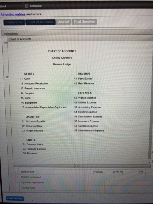 Book Calculalor Adjusting entries and errors fAc sJournal Final Question Chart of Accounts At CHART OF ACCOUNTS Shelby Crawfo
