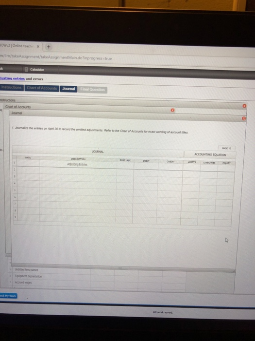 OWv2|Online teachi x + m/ilm/takeAssignment/takeAssignmentMain.dořinprogress true lusting entries and errors Journal of Accou