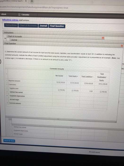 .com/lm/takeAssignment/takeAssignmentMain.do?inprogress true Calculator Adjusting entries and errors ns Chart of Accounts Jou