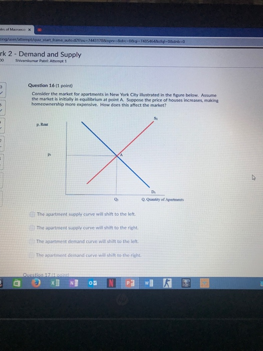 ks of Macroeco × ing/user/attempt/quiz start frame auto.d21?ou-74431788isprv-Sdrce08kqi 7485464kciql-08dnb-0 rk 2 - Demand and Supply 0 Shivamioumar Patel: Attempt 1 Question 16 (1 point) Consider the market for apartments in New York City illustrated in the figure below. Assume the market is initially in equilibrium at point A. Suppose the price of houses increases, making homeownership more expensive. How does this affect the market? Sa p.Rent Di Q1 Q. Quantity of Apartments The apartment supply curve will shift to the left. The apartment supply curve will shift to the right. The apartment demand curve will shift to the left. The apartment demand curve will shift to the right