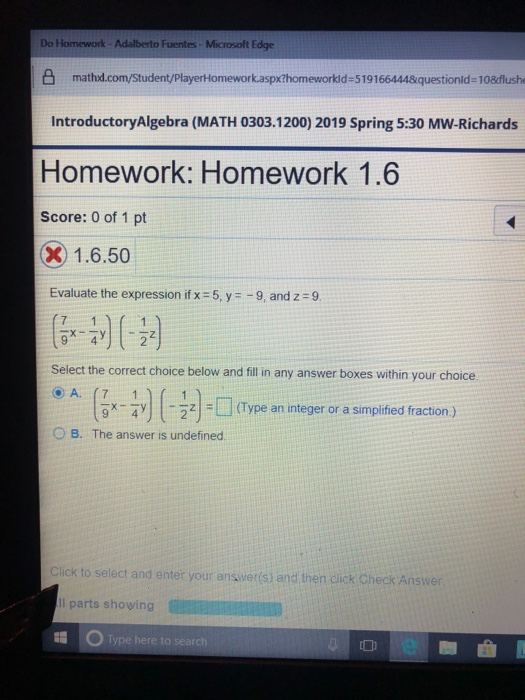 Do l Adalberto Fuentes-Microsoft Edge 凸math d corn Student/PlayerHomework aspx?homeworkid-519166444&questionid-108 flush Intr