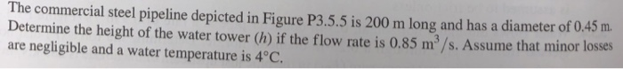 The commercial steel pipeline depicted in Figure P3.5.5 is 200 m long and has a diameter of 0.45 m Determine the height of the water tower (h) if the flow rate is 0.85 m3/s. Assume that minor losses are negligible and a water temperature is 4°C.