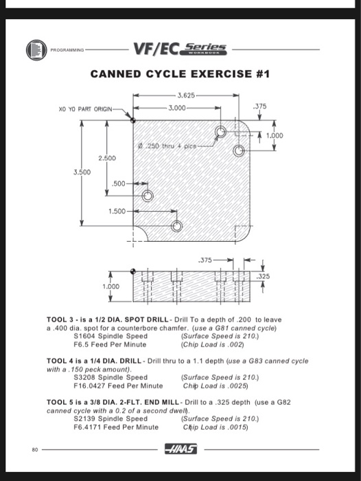 CANNED CYCLE EXERCISE #1 3.625 3.000 375 XO YO PART ORIGIN 1.000 .250 thru 4 2.500 500 1.500 375 325 1.000 TOOL 3-is a 1/2 DIA. SPOT DRILL-Drill To a depth of .200 to leave a.400 dia. spot for a counterbore chamfer. (use a G81 canned cycle) S1604 Spindle Speed F6.5 Feed Per Minute Surface Speed is 210.) Chip Load is .002) TOOL 4 is a 1/4 DIA. DRILL- Drill thru to a 1.1 depth (use a G83 canned cycle with a.150 peck amount) S3208 Spindle Speed F 16.0427 Feed Per Minute Surface Speed is 210.) ChやLoad is .0025) TOOL 5 is a 3/8 DIA. 2-FLT. END MILL- Drill to a .325 depth (use a G82 canned cycle with a 0.2 of a second dwel S2139 Spindle Speed F6.4171 Feed Per Minute (Surface Speed is 210.) Chip Load is .0015) 80