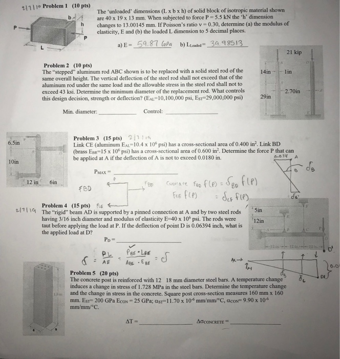 (10 pts) b 리111° Probleml The unloaded dimensions (L x b x h) of solid block of isotropic material shown are 40 x 19 x 13 m