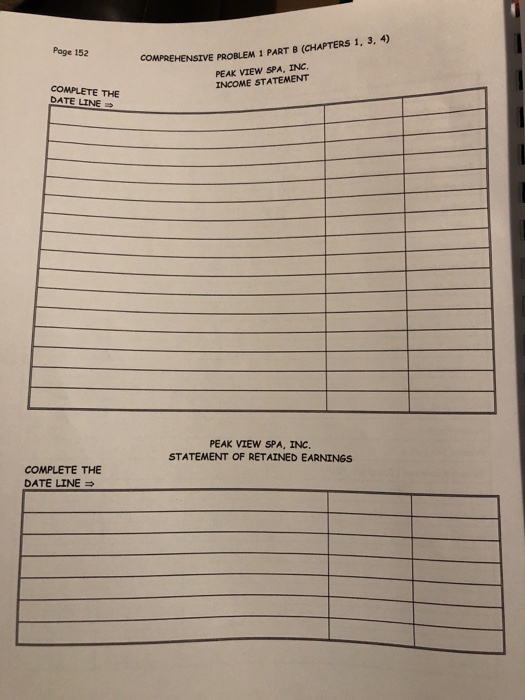 COMPREHENSIVE PROBLEM 1 PART B (CHAPTERS 1, 3, 4) PEAK VIEW SPA, INC INCOME STATEMENT Page 152 COMPLETE THE DATE LINE PEAK VI