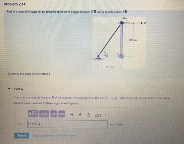 Problem 2.14 Part of a control linkage for an airplane consists of a rigid member CB and a flexible cable AB L 00 Originaly the cable is unstretched Part A jf a fote is apol ed to tne end Bof tne menser snd causes it to rotate by θ Express your answer to three significant figures 0.45, cerem ne the noma stran n the aable 0.004 Suhnit