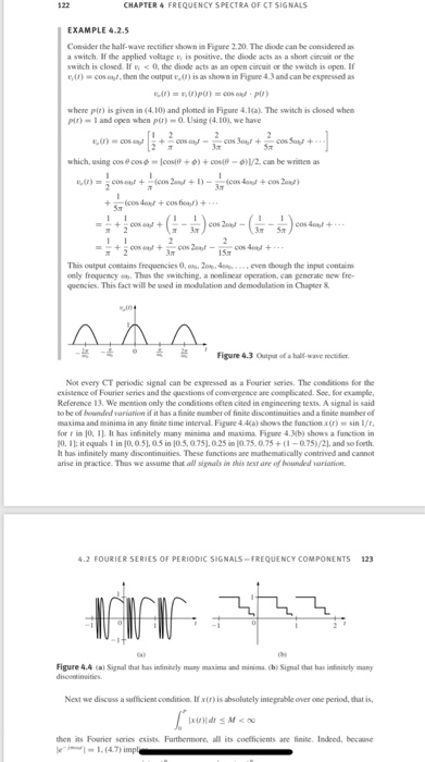 CHAPTER 4 FREQUENCY SPECTRA OF CT SIGNALS EXAMPLE 4.2.5 Conider the half-wave rectifier shown in Figure 2.20. The diode can be considesed a a switch. If the applied voltage v, is positive, the diode acts as a short circuit or the switch is closed. If w< 0, the diode acts as an open circuit or the switch is open. If )cosothen the output e,) is as shown in Figure 4.3 and can be expeessed as where pi is given in (4.10) and plotted in Figure 4.1(a. The switch is closed whem pu)-I and open when pr)-0. Using (4.10%, we have which, using cos e co‘φ-lose, + φ1+cos迴ㄧ·)l/2.can be writen as 3m 5 20%3 This output contains frequencies O. os, 20.4% … een hugh the ing contain only froquency . Thas the switching, a noalincar operation, can pencratie new fre- quencies. This fact will be used in modulation and demodulation in Chapter& Figure43 Oupa of i-ve i Not every CT periodic signal can be expeessed as a Fourier series. The conditioes for the exisience of Fourier series and the questions of comergence are complicated. Soe, for example Reference 13. We mention only the conditions oftem cited in engineering tests. A signal is said to be of bonded varianion if it has a finite number of finite discontinuities and a finite numberof maxima and minima in any finite time interval Figure 4.4a) shows the function xir)sin / for rin 10, 11 It has innitely many minima and maxima Fipue 4.3b) shows a function in O.11 it equals1in 10,0.5).05 in 10.5,0.751.025 in 10.75.0.75+11-075)/21, and so forth It has infinitely many discontinuities These functions are mathematically contrived and cannot arise in practice. Thus we assume that all signals in ahis next are of bounded variation 2 FOURIER SERIES OF PERIODIC SIGNALS-FREQUENCY COMPONENTS 123 Figure 4.4 (ai Signal that has ininiely many maxima and minima, (b) Sipmal that has infinitely many Next we discuss a sufficiet condition If xir) is absolutely inteprable over one period, that is, then its Fourier series exists. Furthermore, all its cocfficients are finite, Indeed, because e1.(4.7) imp