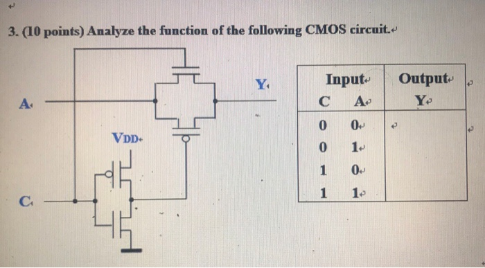 3. (10 points) Analyze the function of the following CMOS circuit. Input Output C A Y. Yo VDD- 0 1. 1 0 니