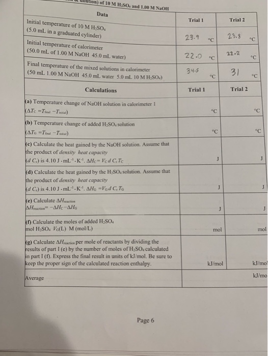 unlution) of 10 M H:SO and 1.00 M NaOH Data Trial 1 Trial 2 Initial temperature of 10 MH S0 (5.0 mL in a graduated cylinder) 23.9 °C| 23.3 22.0 c 34-5 oc eC Initial temperature of calorimeter (50.0 mL of 1.00 M NaOH 45.0 mL water) 22.2 Final temperature of the mixed solutions in calorimeter (50 mL. 1.00 M NaOH 45.0 mL water 5.0 mL. 10 M H:SO.) 3) oc ec Calculations Trial 1 Trial 2 a) Temperature change of NaOH solution in calorimeter (b) Temperature change of added H SO, solution °C °C e) Calculate the heat gained by the NaOH solution. Assume that he product of density heat capacity d) Calculate the heat gained by the H:SO,solution. Assume that he product of density heat capacity e) Calculate Δ/heaton (1) Calculate the moles of added H SO mol H2SO· 10(L) M (mol/L) mol mol g) Calculate Δ/fracta, per mole of reactants by dividing the results of part I (e) by the number of moles of H S0, calculated in part I (f). Express the final result in units of kJ/mol. Be sure to keep the proper sign of the calculated reaction enthalpy kJ/mol kJ/mo kJ/mo Average Page 6
