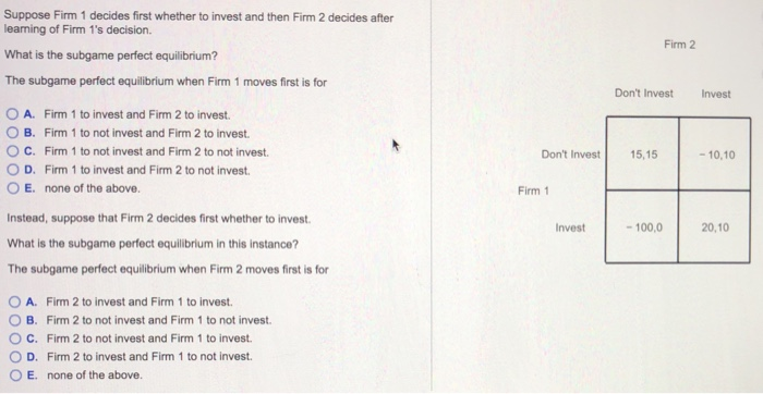 Suppose Firm 1 decides first whether to invest and then Firm 2 decides after learning of Firm 1s decision. What is the subgame perfect equilibrium? The subgame perfect equilibrium when Firm 1 moves first is for Firm 2 Dont Invest Invest 0 A. Firm 1 to invest and Firm 2 to invest. O B. Firm 1 to not invest and Firm 2 to invest ° C. Firm 1 to not invest and Firm 2 to not invest. ○ D. Firm 1 to invest and Firm 2 to not invest. 0 E. none of the above. Dont Invest 15,15 10,10 Firm 1 Instead, suppose that Firm 2 decides first whether to invest What is the subgame perfect equilibrium in this instance? The subgame perfect equilibrium when Firm 2 moves first is for 100,0 20,10 Invest 0 A. Firm 2 to invest and Firm 1 to invest. O B. Firm 2 to not invest and Firm 1 to not invest. C. Firm 2 to not invest and Firm 1 to invest. 0 D. Firm 2 to invest and Firm 1 to not invest. O E. none of the above.