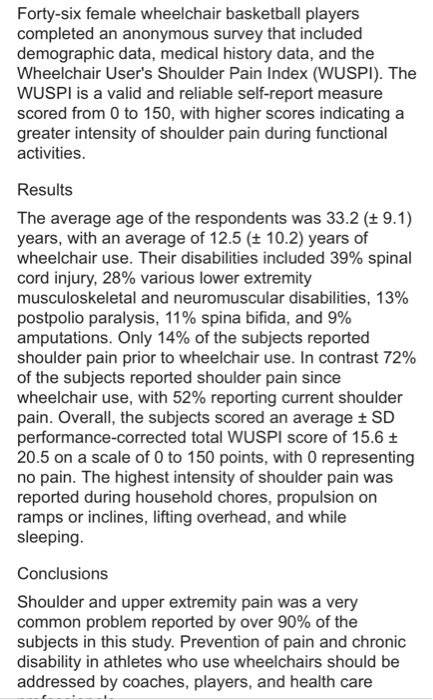 Forty-six female wheelchair basketball players completed an anonymous survey that included demographic data, medical history