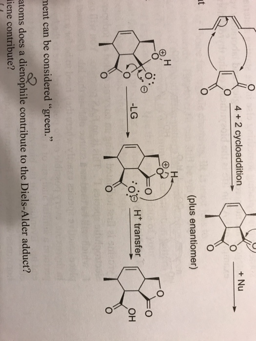 4 +2 cycloaddition + Nu (plus enantiomer) -LG e Ht transfer он ment can be considered green. atoms does a dienophile contri