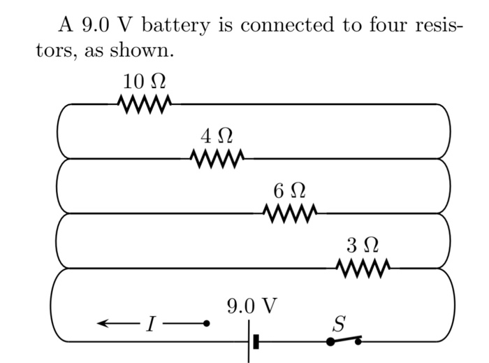 A 9.0 V battery is connected to four resis- tors, as shown 10 2 4 S 3 52 9.0 V
