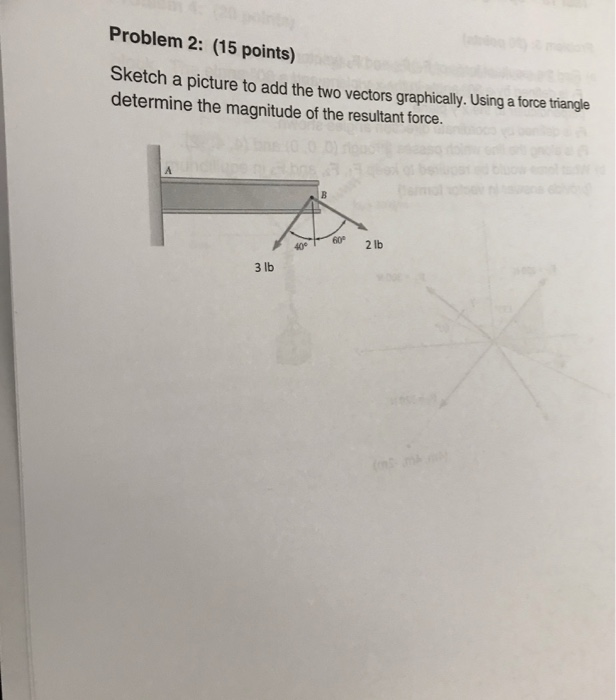 Problem 2: (15 points) Sketch a picture to add the two vectors graphically. Using a force tiangle determine the magnitude of the resultant force. 60 2lb 砦 3 lb