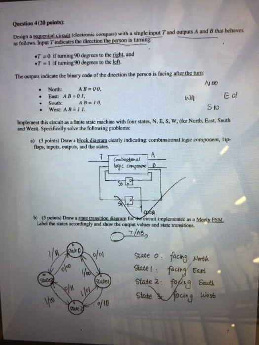 Question 4 (20 points) Design a gequential sirauit (electronic compass with a single input T and outputs A and B that behaves as follows. Input T indicates the direction the person is turning #7:0 if turning 90degrees to the ight and T-1 if turming 90 degrees to the left. The outputs indicate the binary code of the direction the person is facing after the turn North:AB 00, East: AB=01, South:AB 10, West: AB II Wil E ol . S to Implement this circuit as a finite state machine with four states, N, E, S, W, (for North, East, South and West). Specifically solve the following problems: a) (3 points) Draw a blockdiaram clearly indicating: combinational logic component, nip- flops, inputs, outputs, and the states. (5 points) Draw a state fransition diagram Label the states accordingly and show the output values and state transitions circuit implemented as a Meely FSM b) tade O State o· jacing ,North State t: facing East State 2: feng Saudh State cina West