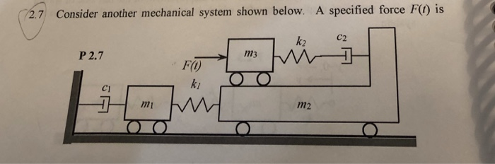 is 2.7 Consider another mechanical system shown below. A specified force 2.7 Consider another mechanical system shown below. A specified force F() is k2 C2 P 2.7 F(O ki c1 1m1 m2