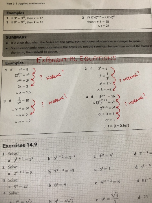 Part 3 I Applied mathematics Examples 1 If 3-317, then x = 17 3 If9-913, then k 13 If (17.6)+1=(17.6)25 then t +1-25 2 SUMM