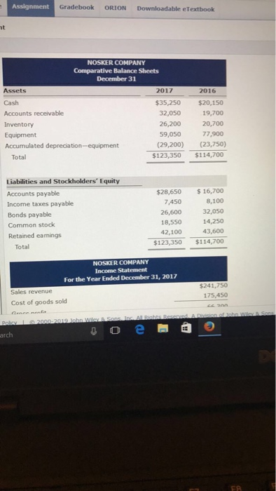 Assignment Gradebook ORION Downloadable eTextbook nt NOSKER COMPANY Comparative Balance Sheets December 31 Assets Cash Accounts receivable Inventory Equipment Accumulated depreciation-equipment 2017 2016 $35,250 $20,150 19,700 20,700 77,900 (29,200) (23,750) $123,350 $114,700 32,050 26,200 59,050 Total Liabilities and Stockholders Equity Accounts payable Income taxes payable Bonds payable Common stock Retained earnings $28,650 16,700 8,100 26,600 32,050 14,250 43,600 $123,350 $114,700 7,450 18,550 42,100 Total NOSKER COMPANY Income Statement For the Year Ended December 31, 2017 $241,750 175,450 Sales revenue Cost of goods sold arch FR