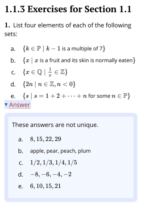 1.1.3 Exercises for Section 1.1 1. List four elements of each of the following sets: {k E P k - 1 is a multiple of 7 а. is a