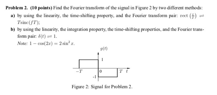Problem 2. (10 points) Find the Fourier transform of the signal in Figure 2 by two different methods: a) by using the linearity, the time-shifting property, and the Fourier transform pair: rect Tsinc(fT); b) by using the linearity, the integration property, the time-shifting properties, and the Fourier trans- form pair: () Note:1 cos(2x) 2sin2. 9(t) -T T t -1 Figure 2: Signal for Problem 2.