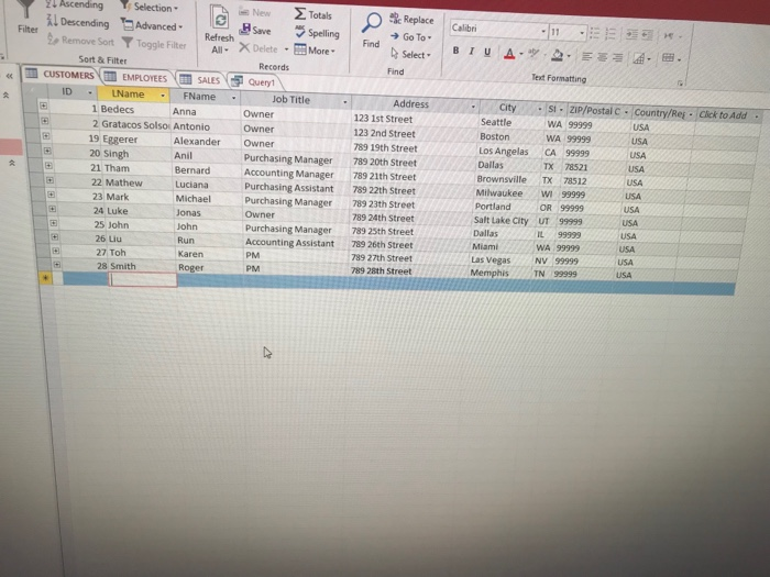 Replace Go To. libr Descending Advanced- Remove Sort ▼Toggie Filter Save ラSpelling eienXDelete-More . Find SelectBI Sort &Filter Records Find Text Formatting ㄍㄧ血CUSTOMERS( EMPLOYEES個SALES⑤ Query ID LName FName Job Title City . si·ZP/Postal C·[country/Reedekto Add WA 99999 WA 99999 Anna Seattle Boston Los Angelas CA 99999 Dallas Brownsville TX 78512 Milwaukee WI 99999 Portland OR 99999 1 Bedecs Owner Owner Owner Purchasing Manager Accounting Manager Purchasing Assistant 123 1st Street 123 2nd Street 789 19th Street 2 Gratacos Solso Antonio 19 Eggerer 20Singh 21 Tham Alexander 田 TX 78521USA Anil Bernard Luciana Michael Jonas ohn Run Karen 789 20th Street 789 21th Street 789 22th Street 789 23th Street 22 Mathew USA Purchasing Manager 23 Mark 24 Luke 25 John 26 Liu 27 Toh 789 24th Street Salt Lake City UT 99999 USA owner IL 99999 WA 99999 Purchasing Manager789 25th Street Accounting Assistant 789 26th Street 789 27th Street 789 28th Street Dallas Miami Las Vegas NV 99999 Memphis TN 99999 PM 28 Smith PM