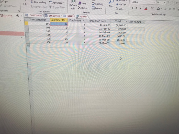 se Repiace | lsapd 迪 Calibri Copy Format Painter ↓ Descending 왜 Remove Sort 旦Save Advanced- ▼ Toggle Filter F ter GoTo. Refresh | Delete .-More ipboard Sort & Filter Records Find Text Formatting CUSTOMERS EMPLOYEES SALES( << Query! Transaction ID . CustomerID·| Employee Transaction Date . | Click to Add Total . 10 102 103 104 105 106 14-Jan-09$8,000.00 1-Feb-09 $550.00 14-Feb-09 $500.00 16-Mar-09 $450.00 19-Mar-09$555.00 $5.00 25 26 23-Mar-09