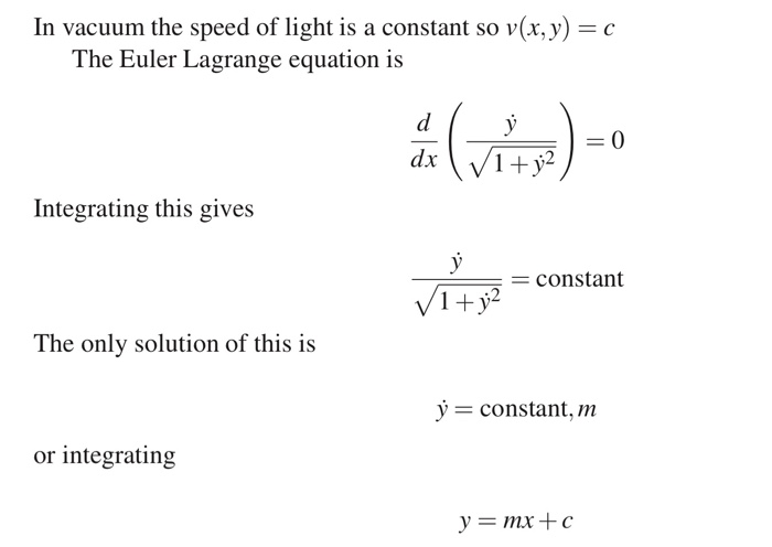 In vacuum the speed of light is a constant so v(x,y) The Euler Lagrange equation is Integrating this gives constant The only solution of this is constant, ni or integrating