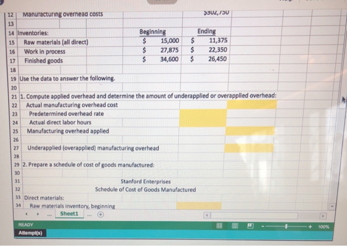 12 Manuracturing overnead costs 13 15,000 Ending $27,87522,350 34,600$ 26,450 Beginning 14 Inventories: 15 Raw materials (all direct) 16 Work in process 17 Finished goods 18 9 Use the data to answer the following. 20 21 1. Compute applied overhead and determine the amount of underapplied or overapplied overhead: 22 Actual manufacturing overhead cost 23 Predetermined overhead rate 24 Actual direct labor hours 25 Manufacturing overhead applied 26 27 Underapplied (overapplied) manufacturing overhead 28 29 2. Prepare a schedule of cost of goods manufactured: 11,375 30 31 Stanford Enterprises Schedule of Cost of Goods Manufactured 32 33 Direct materials: 4 Raw materials inventory, beginning .. Sheet1... READY 囲回凹- +100% Attempt(s)
